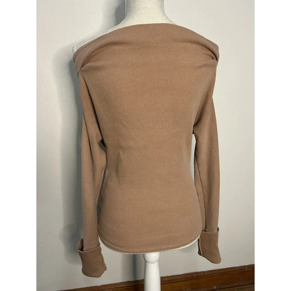 Free People We The Free Tan Off-the-Shoulder Ribbed Thermal Shirt Womens S